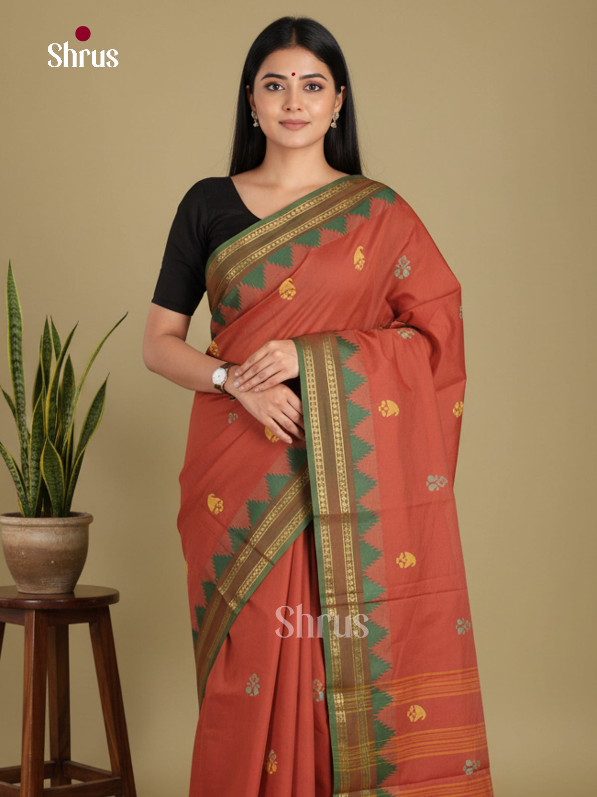 Brick & Green- Chettinad Mix Cotton-Without Blouse Saree
