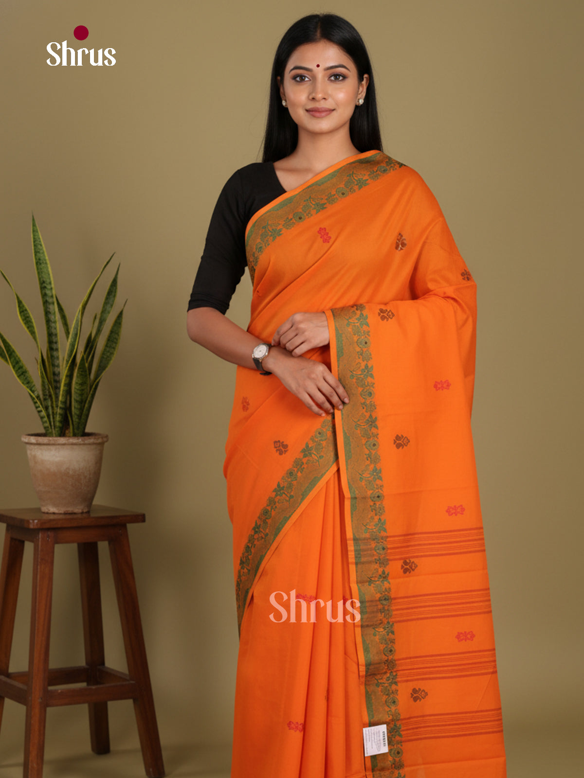 Orange & Green - Chettinad Mix Cotton-Without Blouse Saree