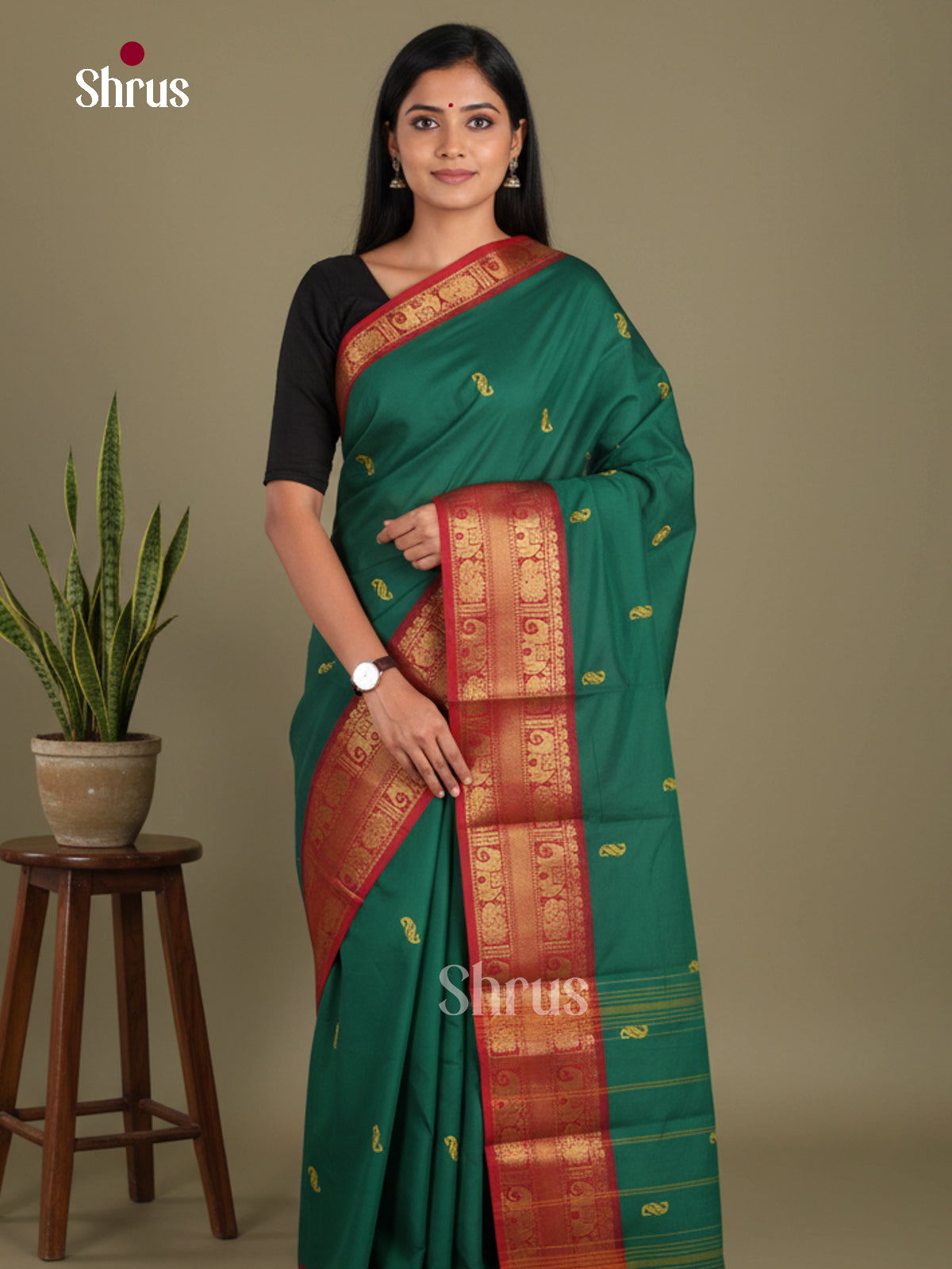 Green & Red - Chettinad Mix Cotton-Without Blouse Saree