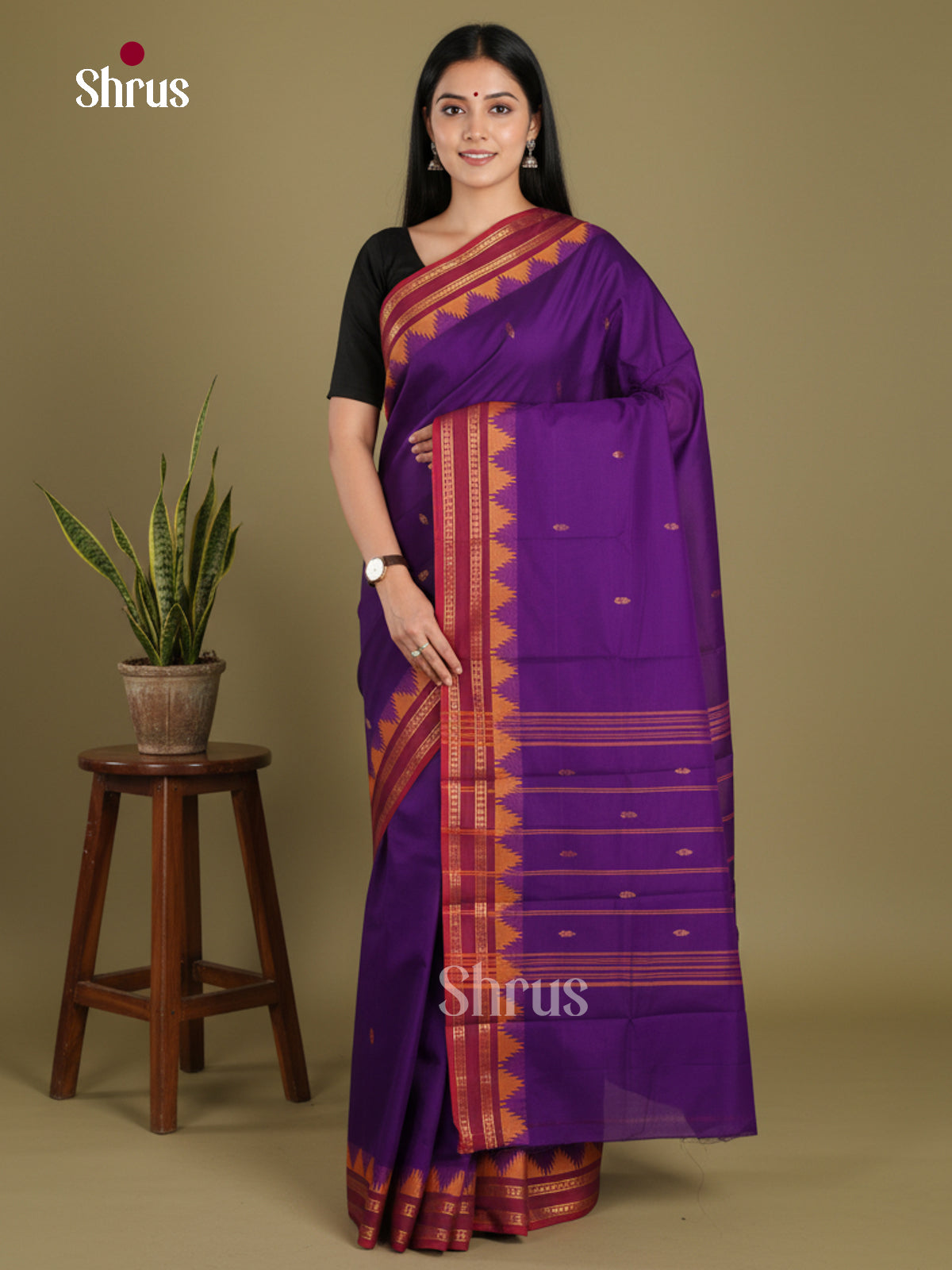 Violet & Red - Chettinad Mix Cotton-Without Blouse Saree