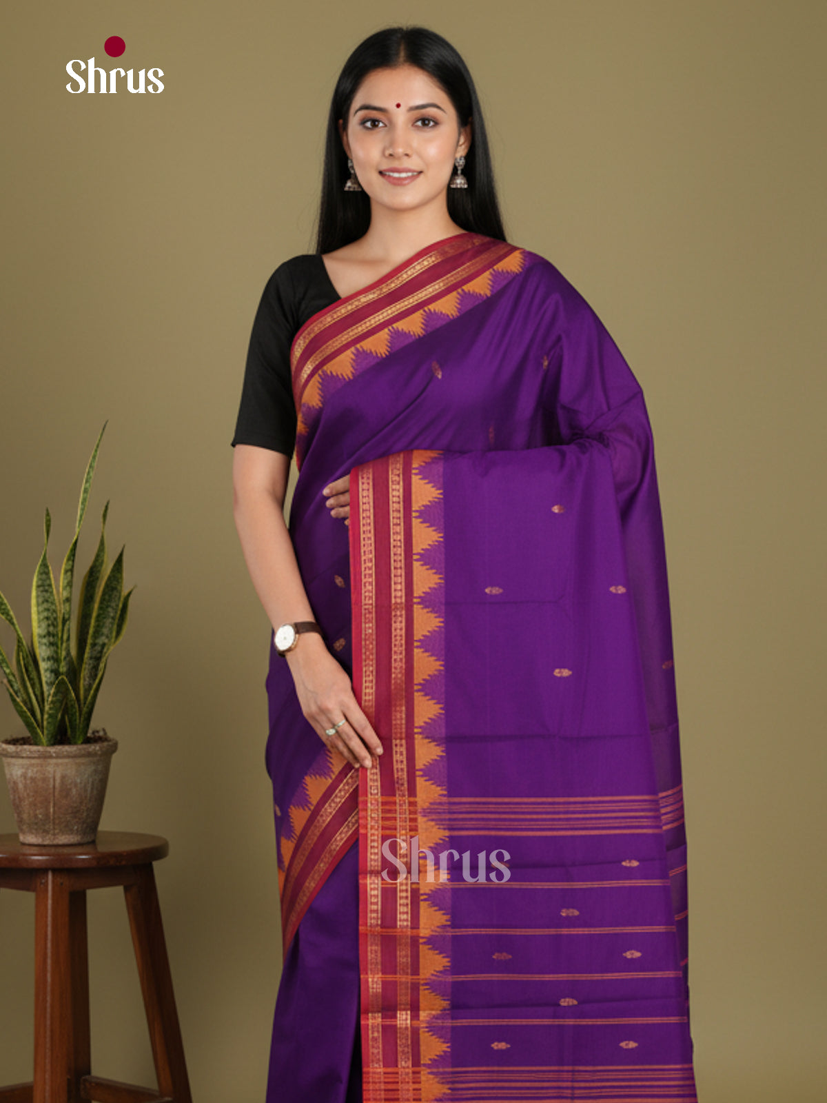 Violet & Red - Chettinad Mix Cotton-Without Blouse Saree