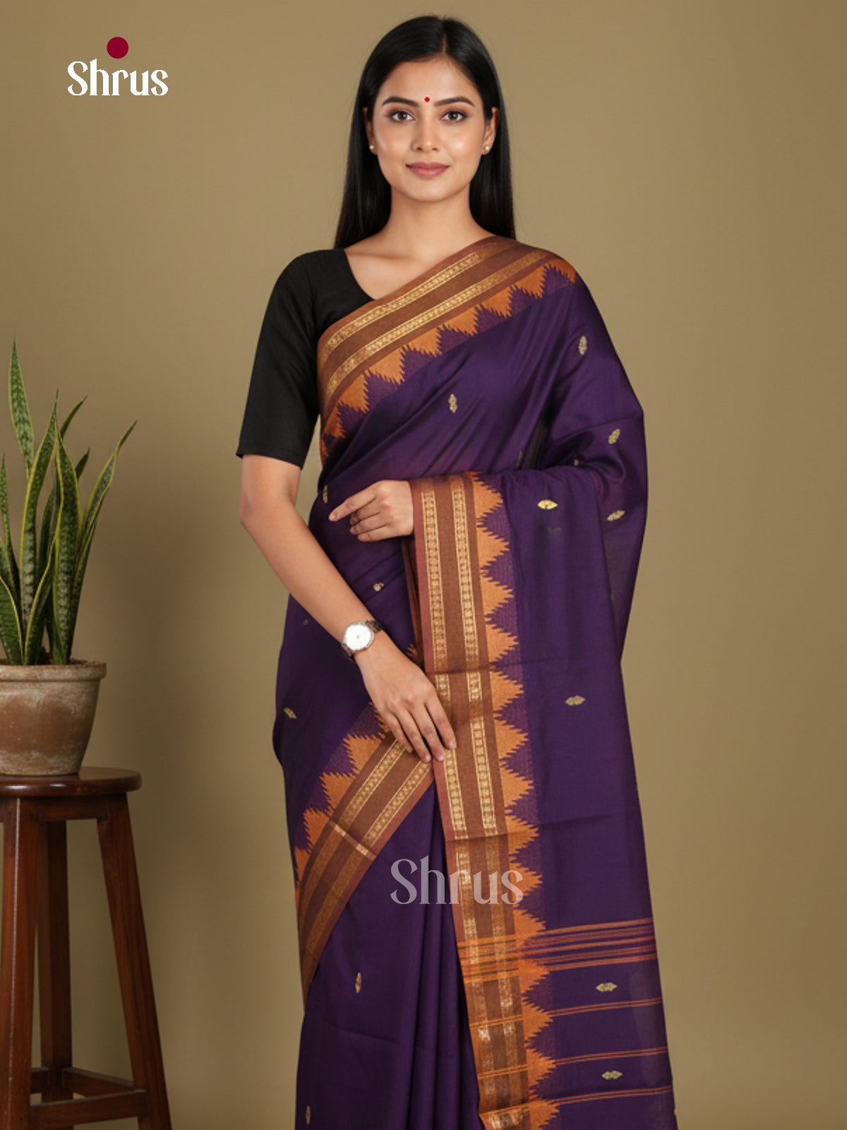 Violet & Brown- Chettinad Mix Cotton-Without Blouse Saree
