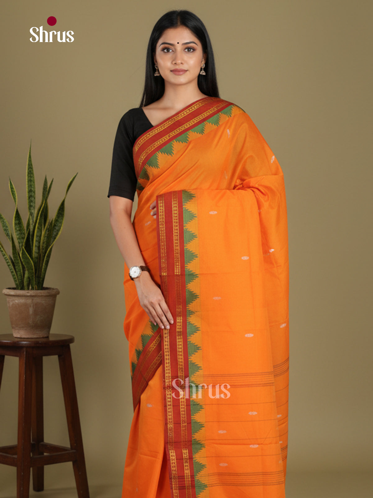 Orange & Red - Chettinad Mix Cotton-Without Blouse Saree