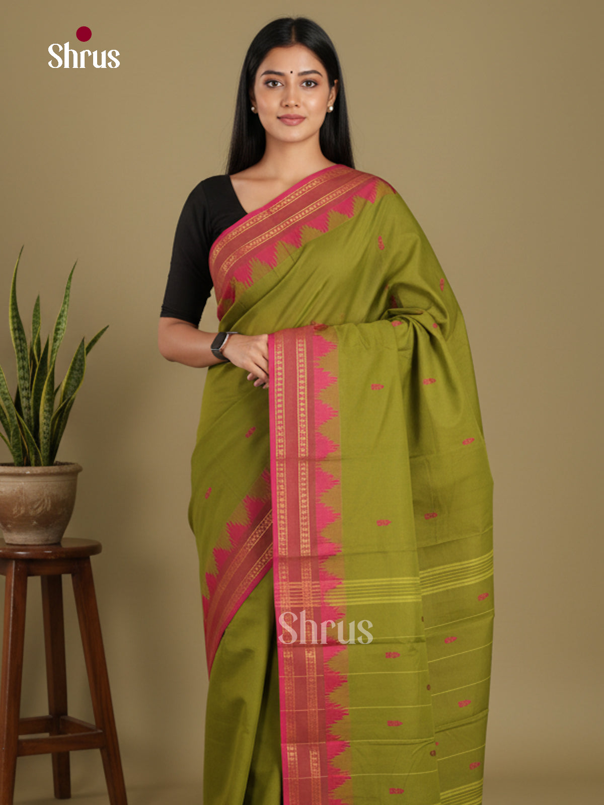 Green & Pink - Chettinad Mix Cotton-Without Blouse Saree
