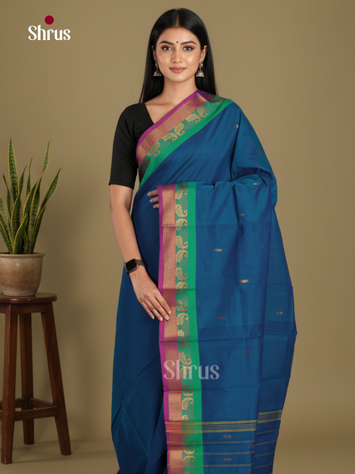 Peacock Blue & Green - Chettinad Mix Cotton-Without Blouse Saree