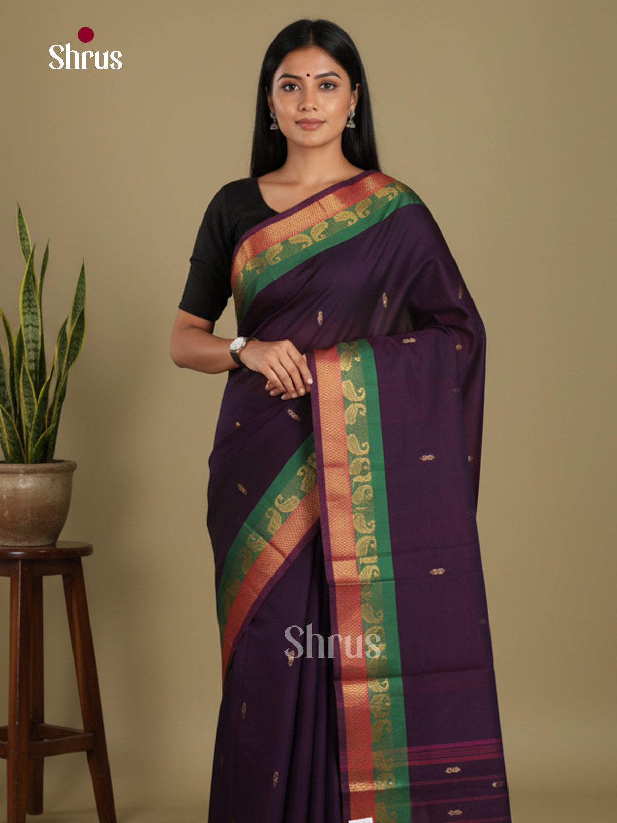 Violet & Green - Chettinad Mix Cotton-Without Blouse Saree