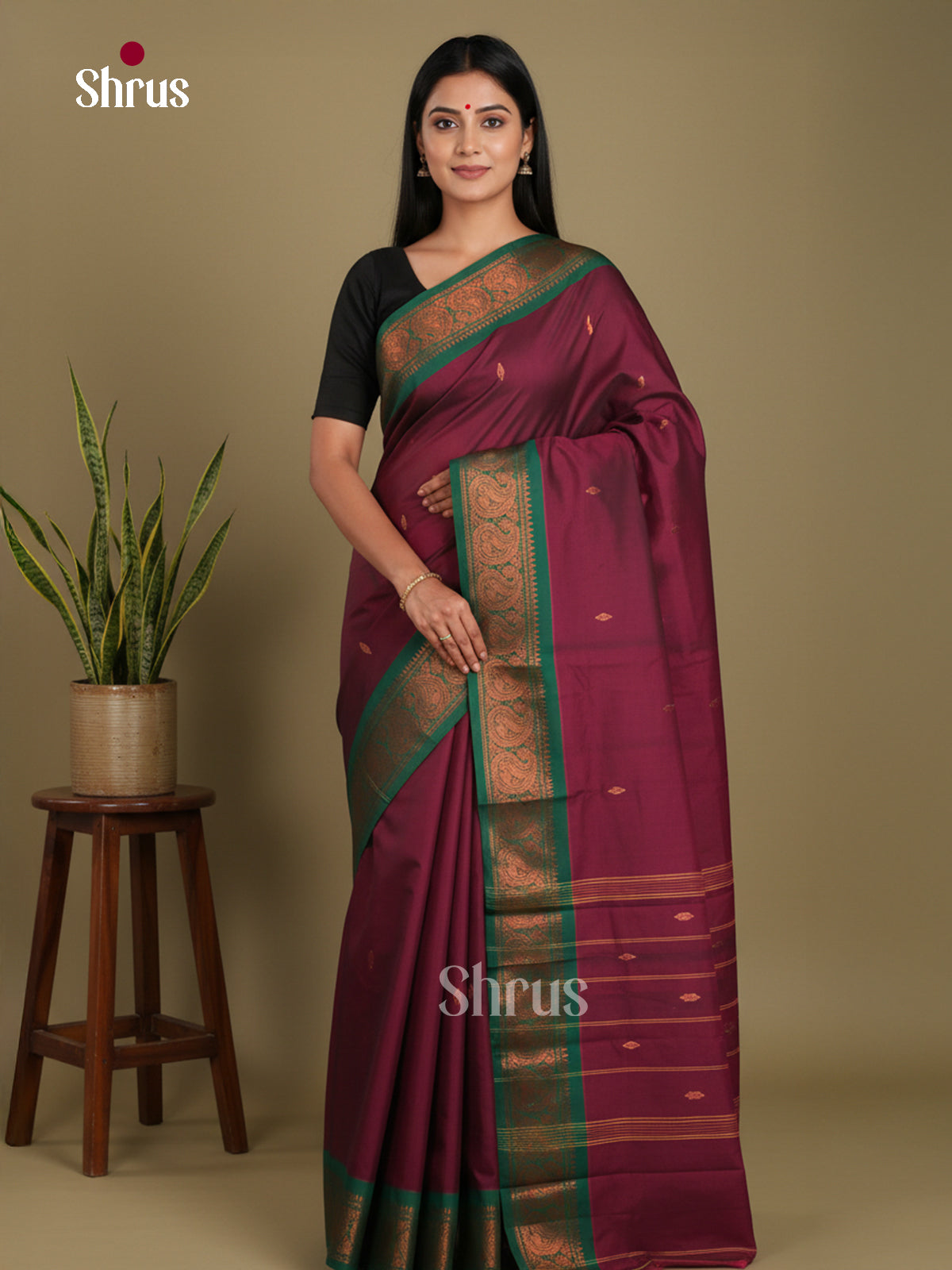 Maroon & Green - Chettinad Mix Cotton-Without Blouse Saree