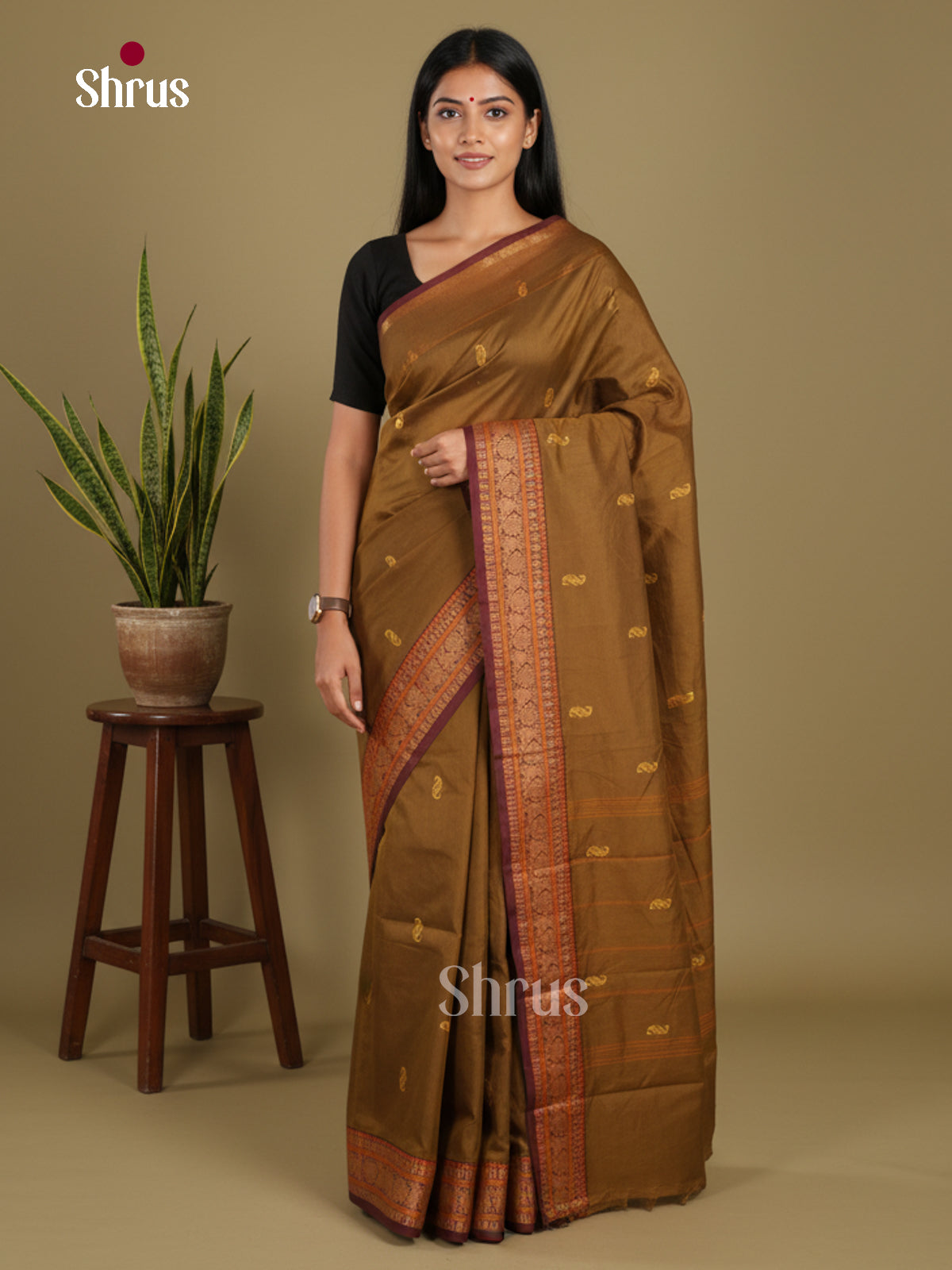 Dark Mustard & Maroon- Chettinad Mix Cotton-Without Blouse Saree