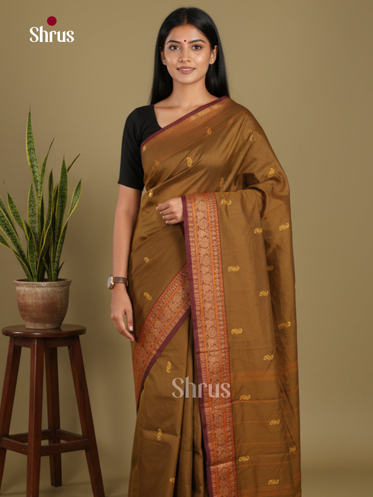 Dark Mustard & Maroon- Chettinad Mix Cotton-Without Blouse Saree