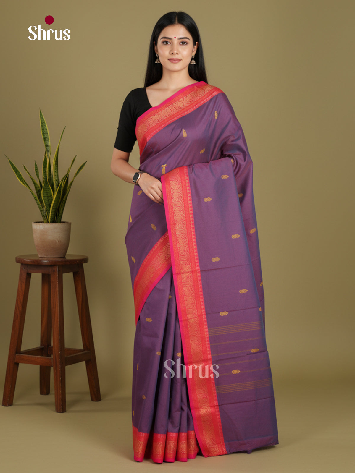 Purple & Pink - Chettinad Mix Cotton-Without Blouse Saree - Shop on Shrus.com