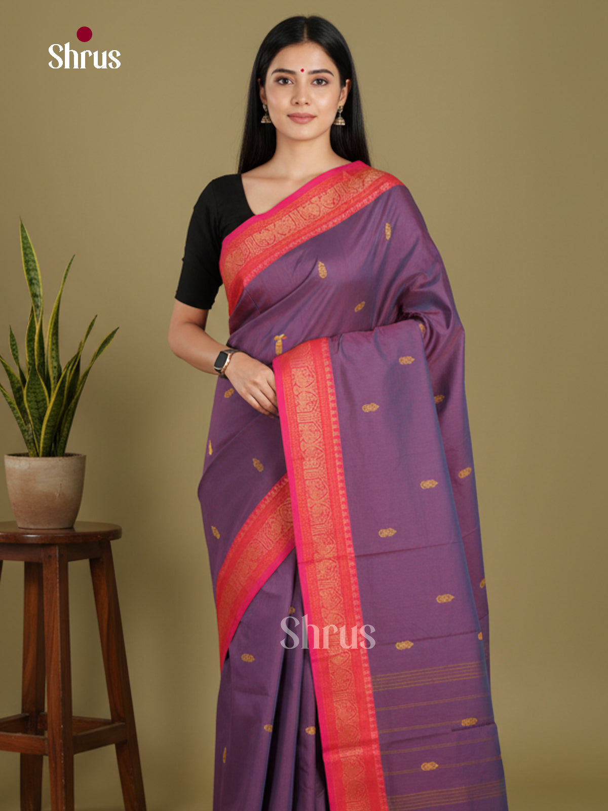 Purple & Pink - Chettinad Mix Cotton-Without Blouse Saree - Shop on Shrus.com