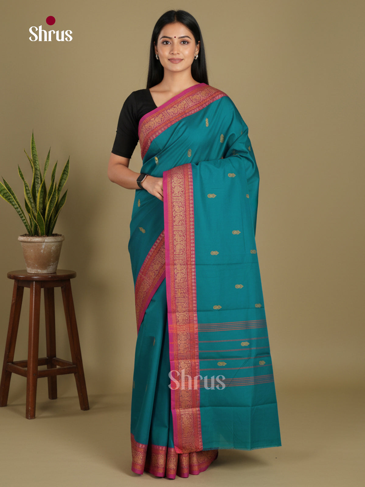 Blue & Pink - Chettinad Mix Cotton-Without Blouse Saree