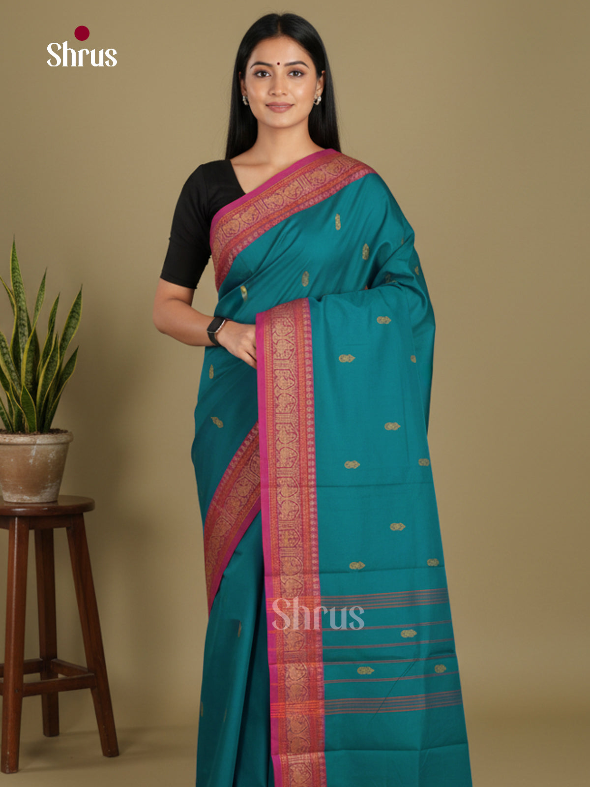 Blue & Pink - Chettinad Mix Cotton-Without Blouse Saree