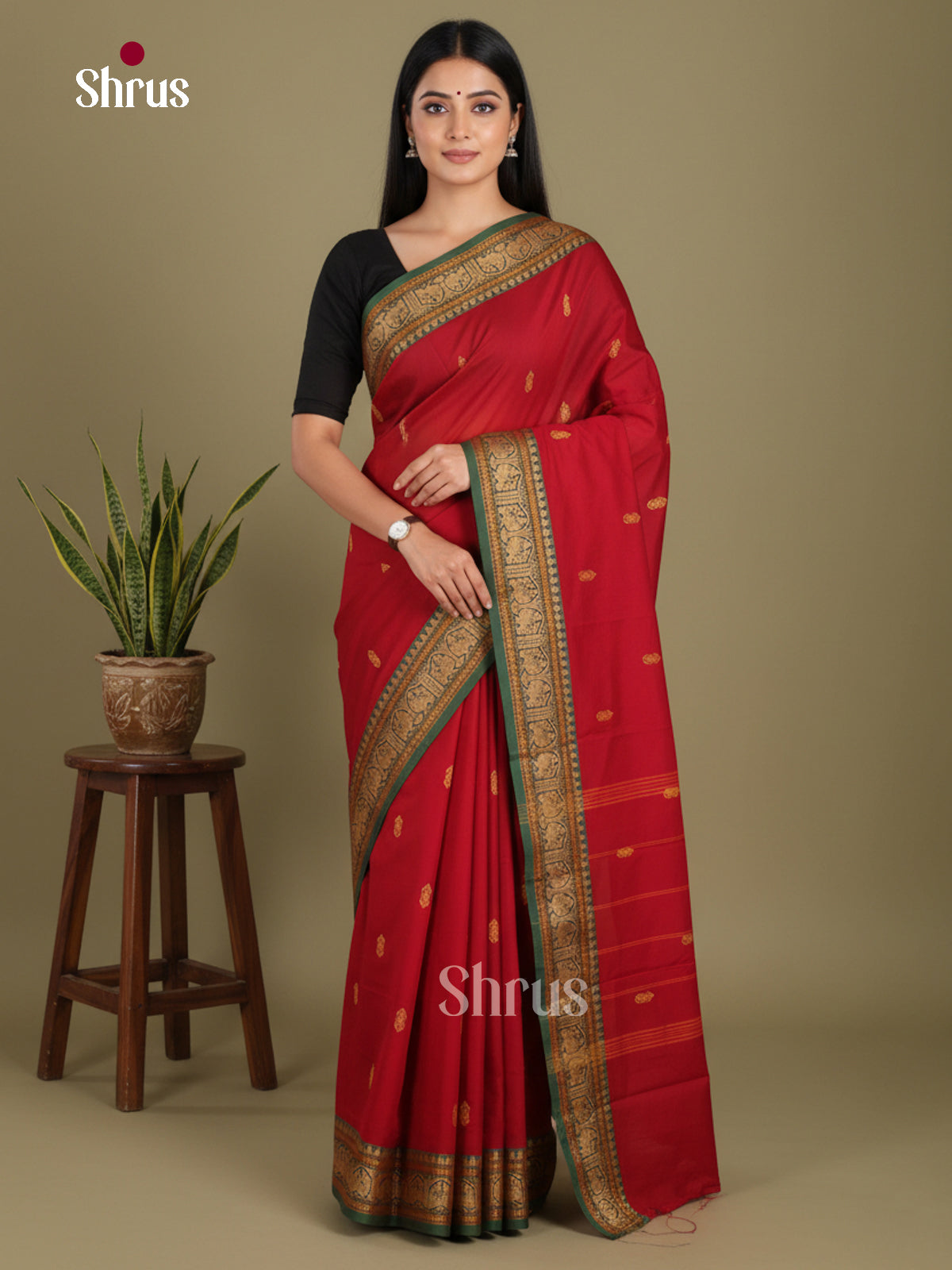 Red & Green - Chettinad Mix Cotton-Without Blouse Saree