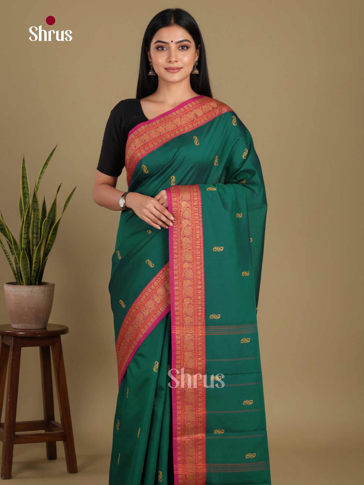 Green & Pink- Chettinad Mix Cotton-Without Blouse Saree
