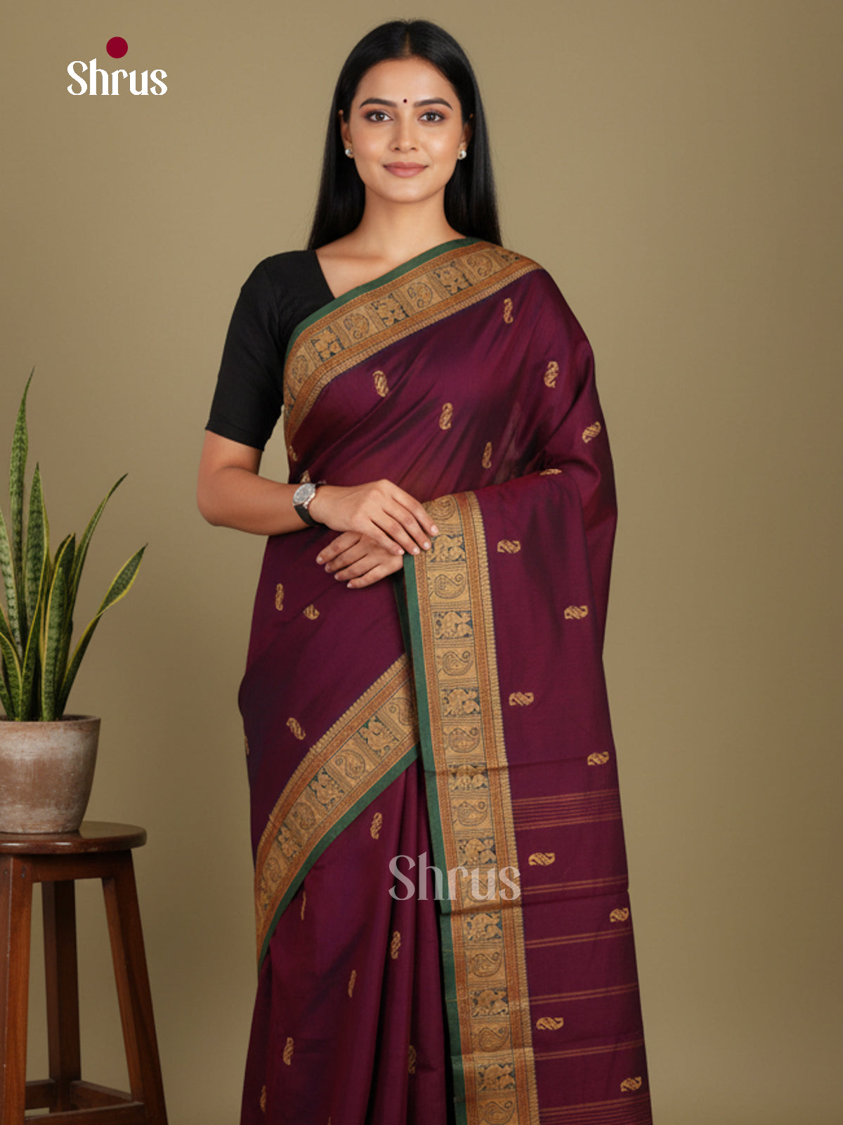 Wine & Green - Chettinad Mix Cotton-Without Blouse Saree
