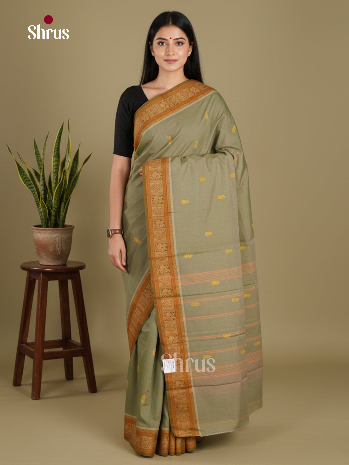 Grey & Mustard- Chettinad Mix Cotton-Without Blouse Saree