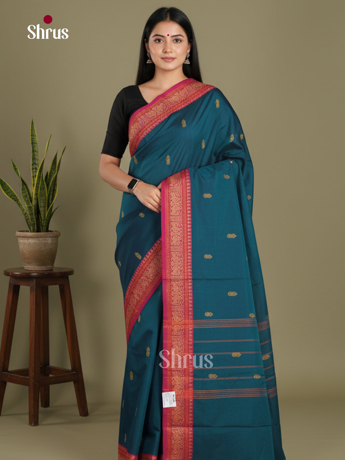 Blue & Red - Chettinad Mix Cotton-Without Blouse Saree