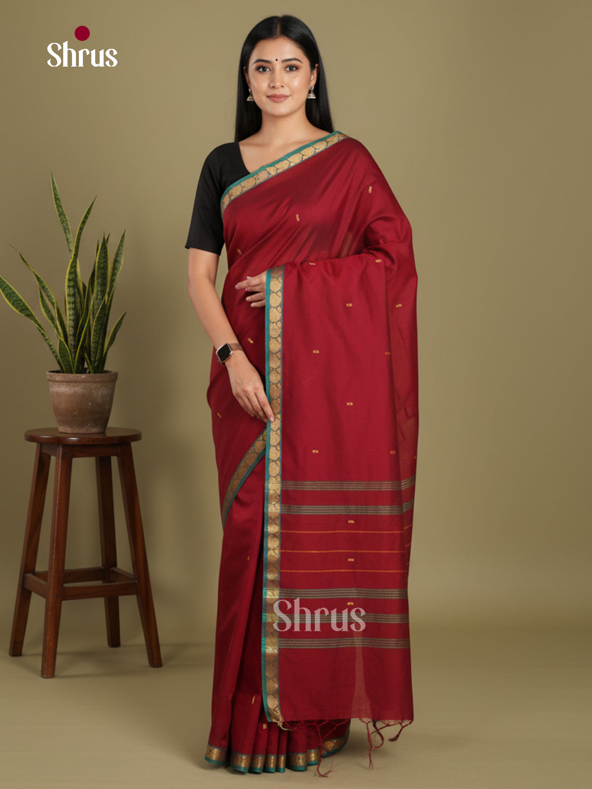 Maroon & Green- Chettinad Mix Cotton-Without Blouse Saree