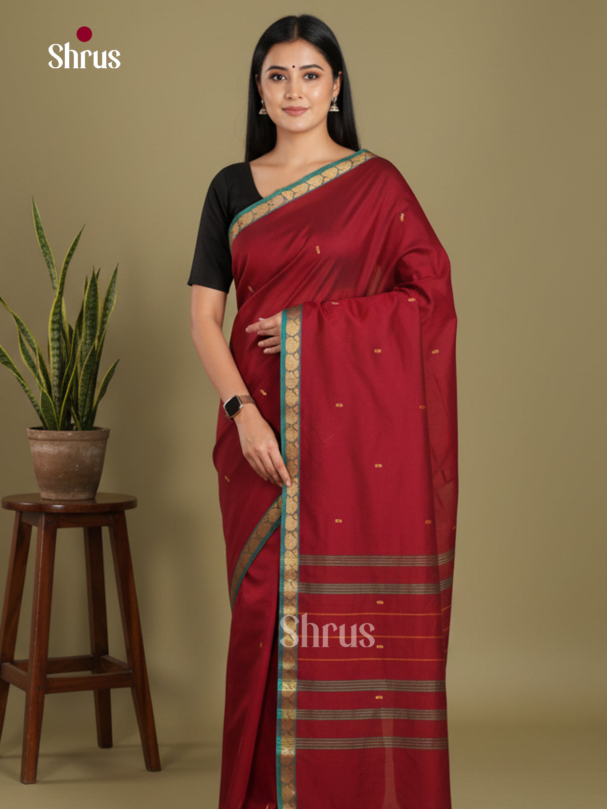 Maroon & Green- Chettinad Mix Cotton-Without Blouse Saree