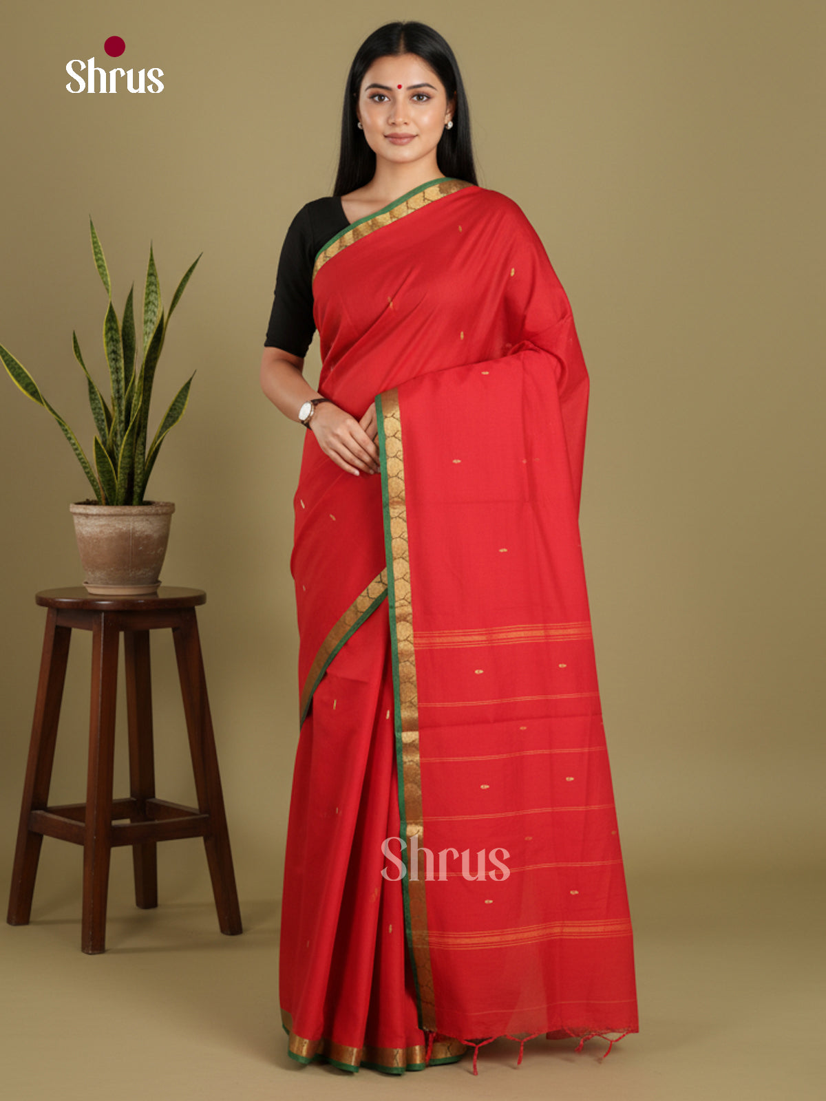 Red & Green - Chettinad Mix Cotton-Without Blouse Saree
