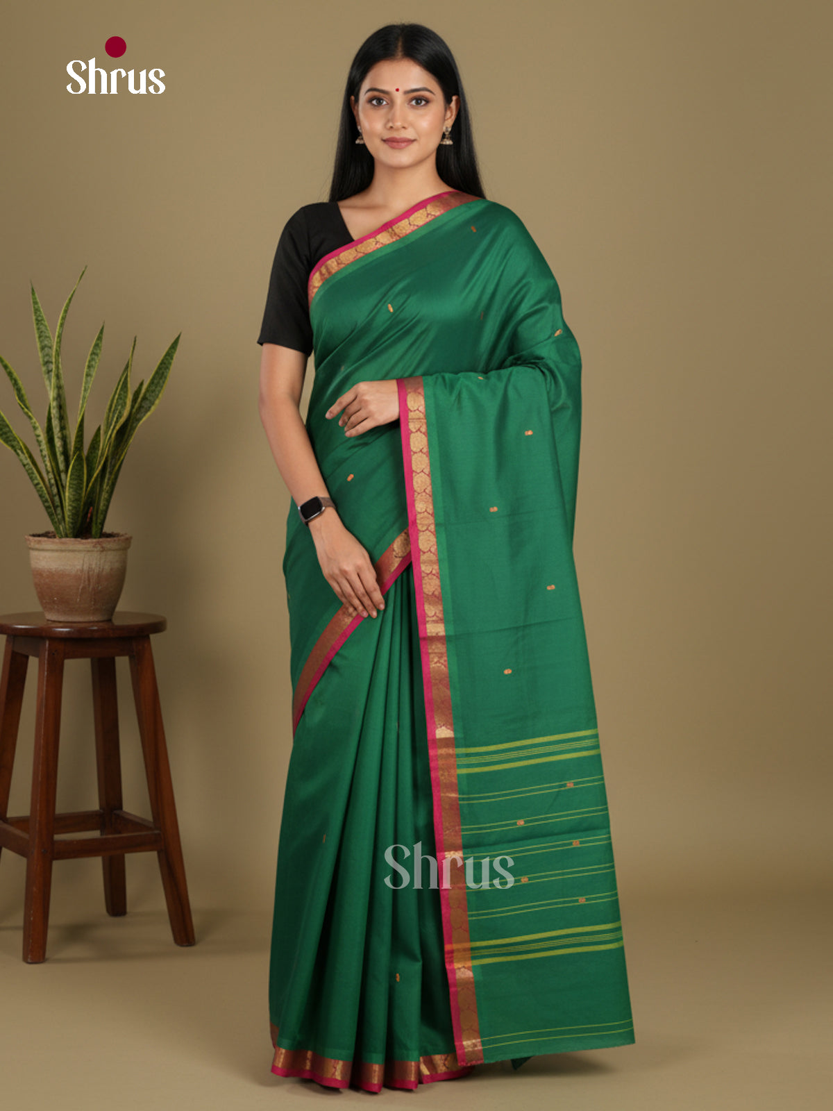 Green & Red - Chettinad Mix Cotton-Without Blouse Saree