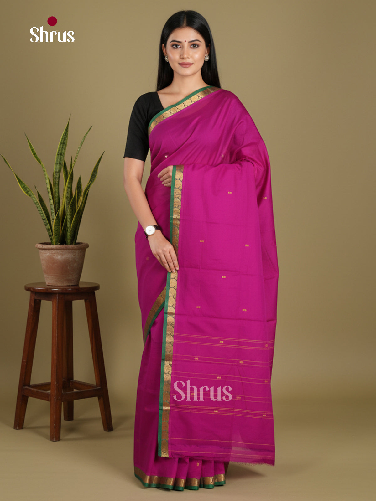 Pink & Green - Chettinad Mix Cotton-Without Blouse Saree