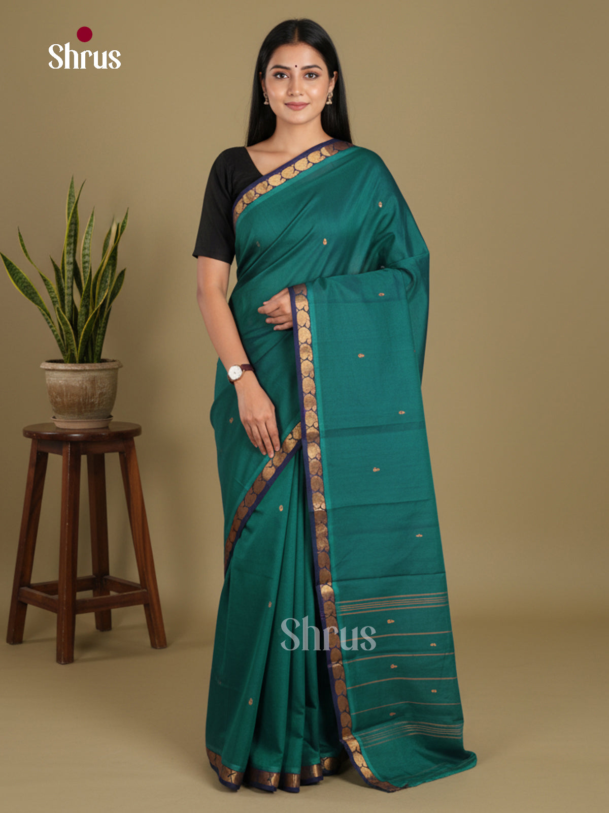 Peacock Green & Blue - Chettinad Mix Cotton-Without Blouse Saree