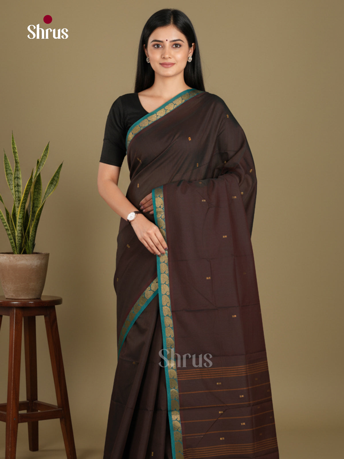 Brown & Blue - Chettinad Mix Cotton-Without Blouse Saree
