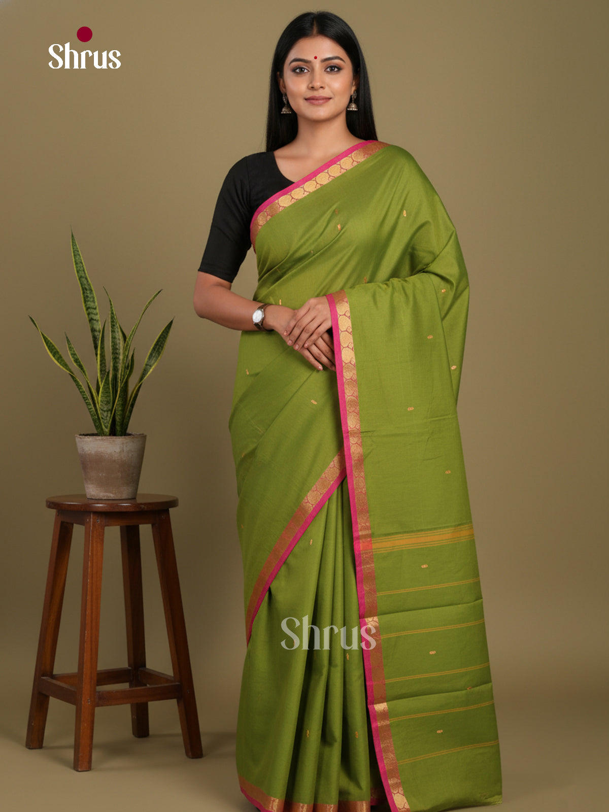 Green & Pink- Chettinad Mix Cotton-Without Blouse Saree
