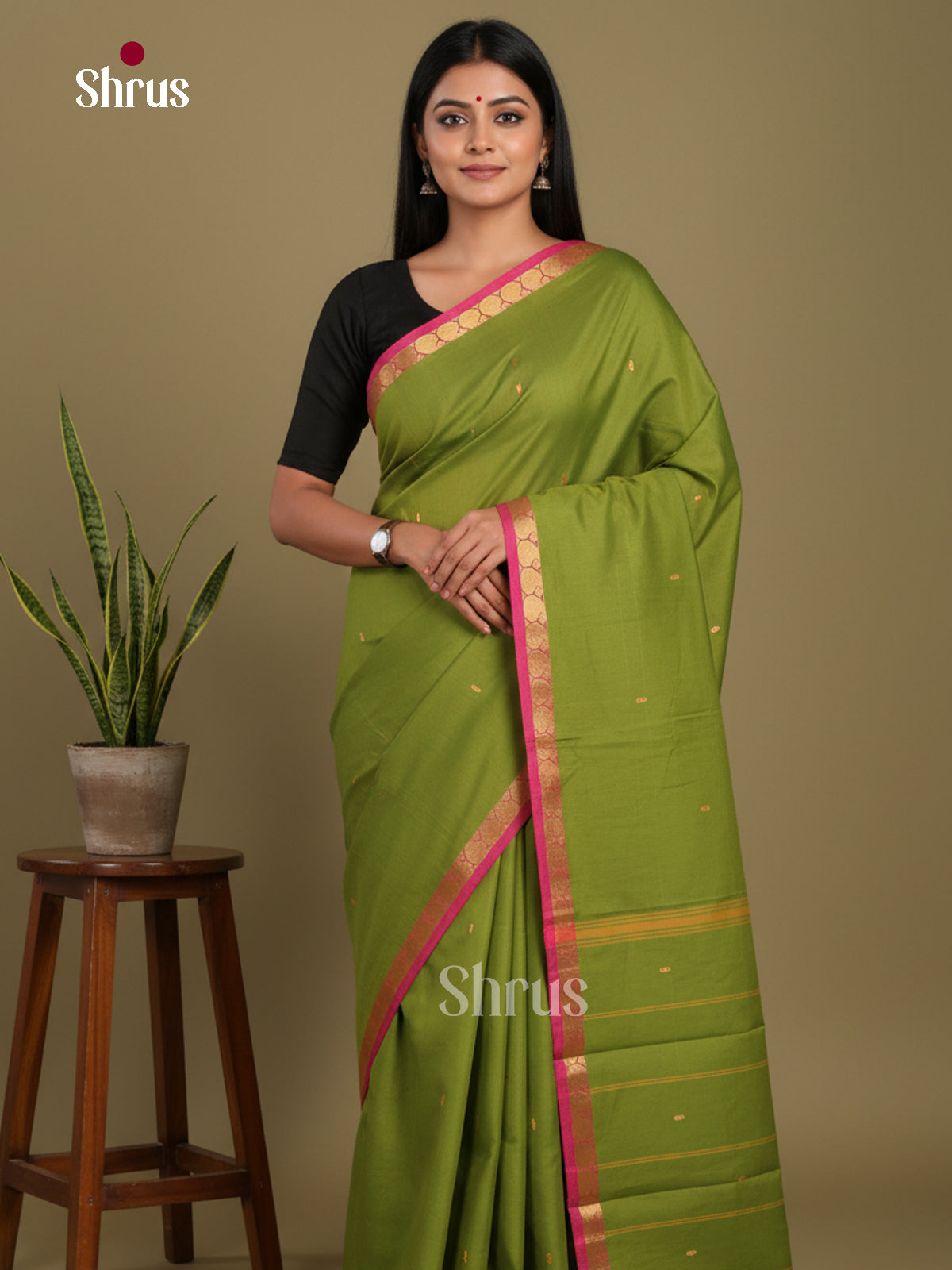 Green & Pink- Chettinad Mix Cotton-Without Blouse Saree