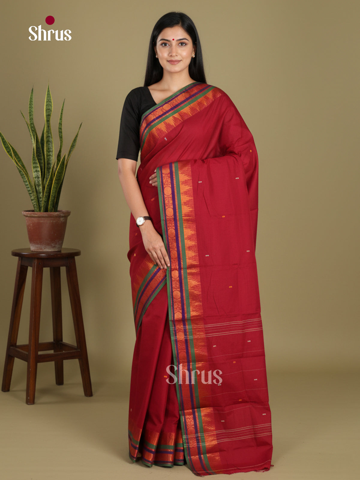 Red & Green - Chettinad Mix Cotton-Without Blouse Saree