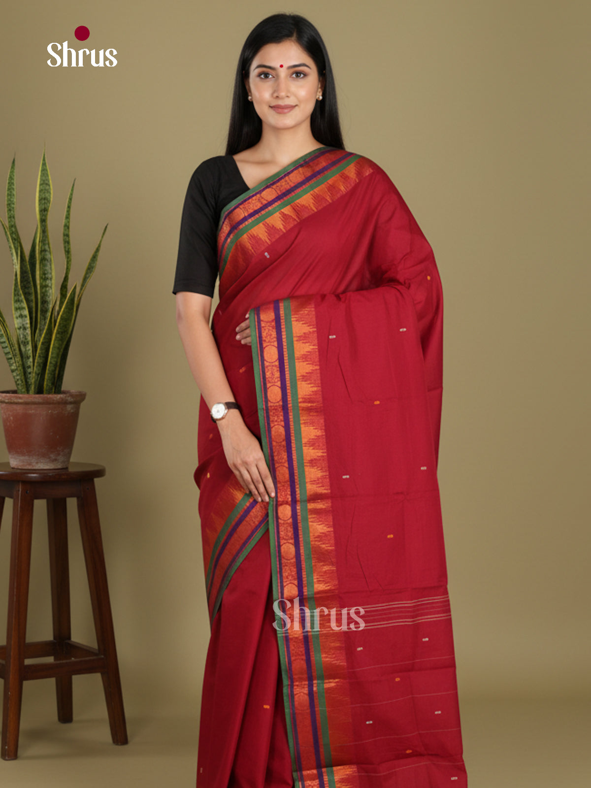 Red & Green - Chettinad Mix Cotton-Without Blouse Saree