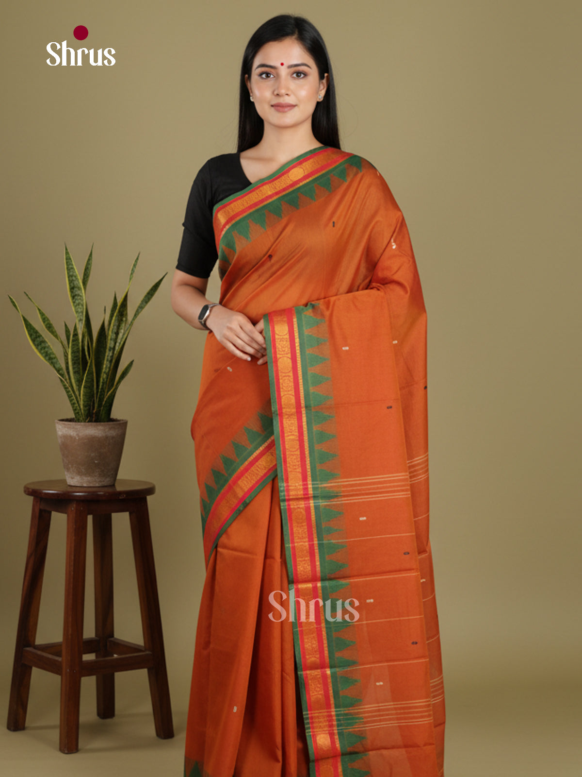Brick  & Green - Chettinad Mix Cotton-Without Blouse Saree