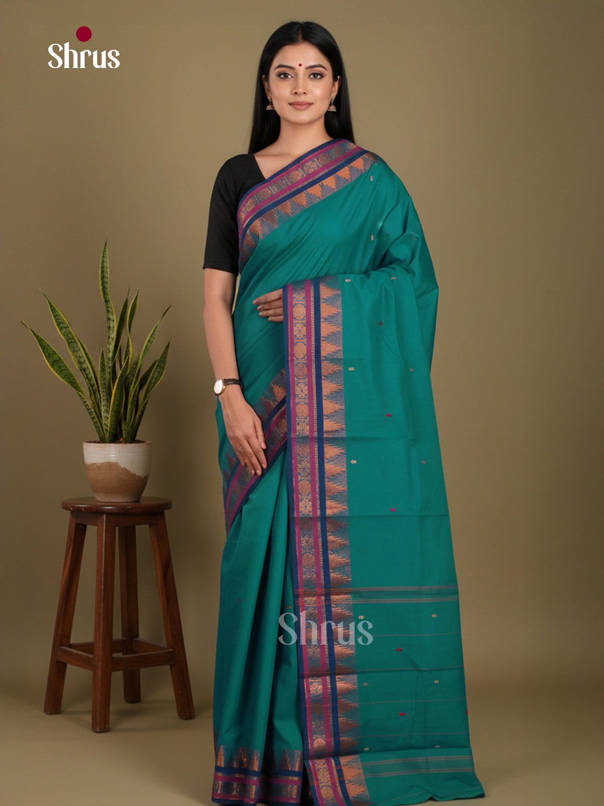Green & Blue - Chettinad Mix Cotton-Without Blouse Saree