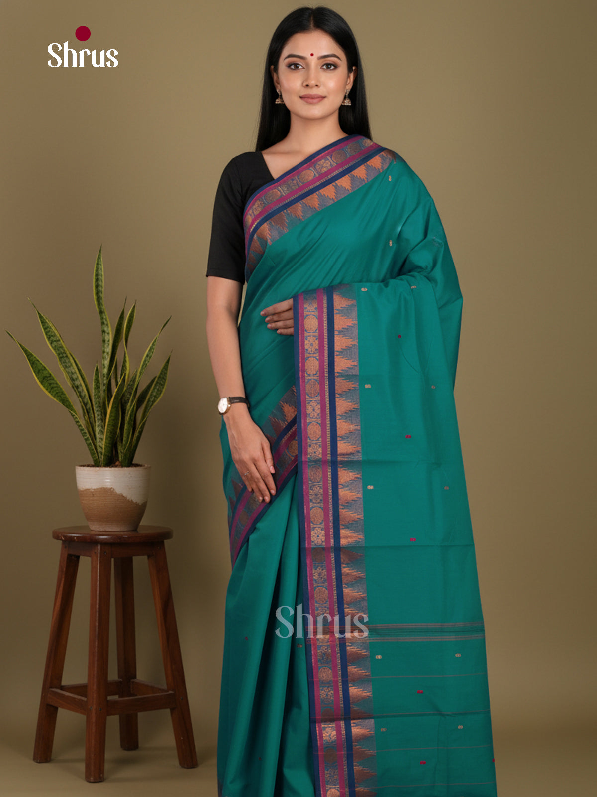 Green & Blue - Chettinad Mix Cotton-Without Blouse Saree