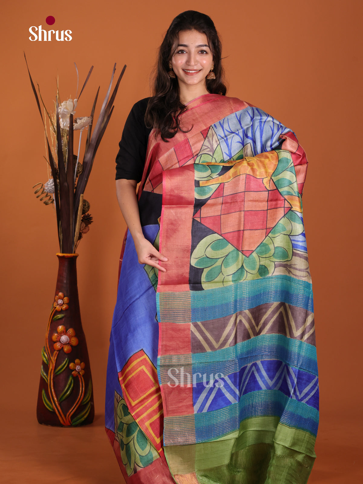 DKS15044 - Handpainted Tussar Saree - Shop on Shrus.com