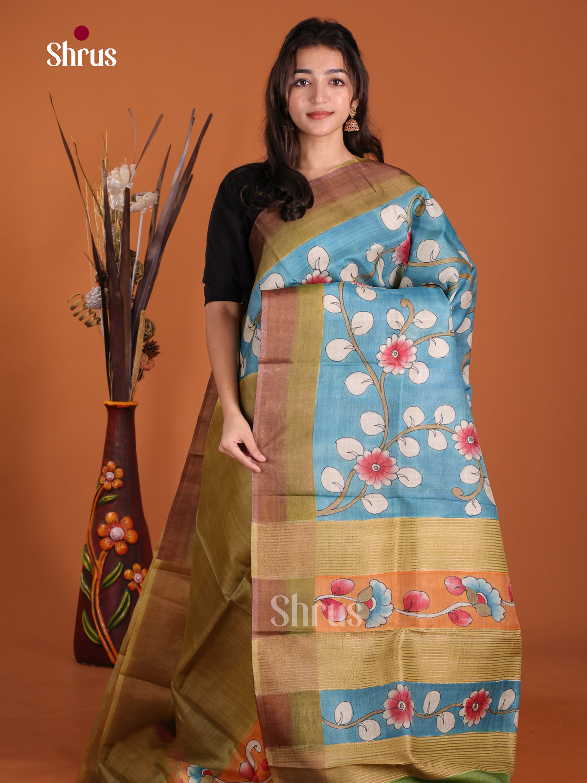 DKS15065 - Handpainted Tussar Saree - Shop on Shrus.com