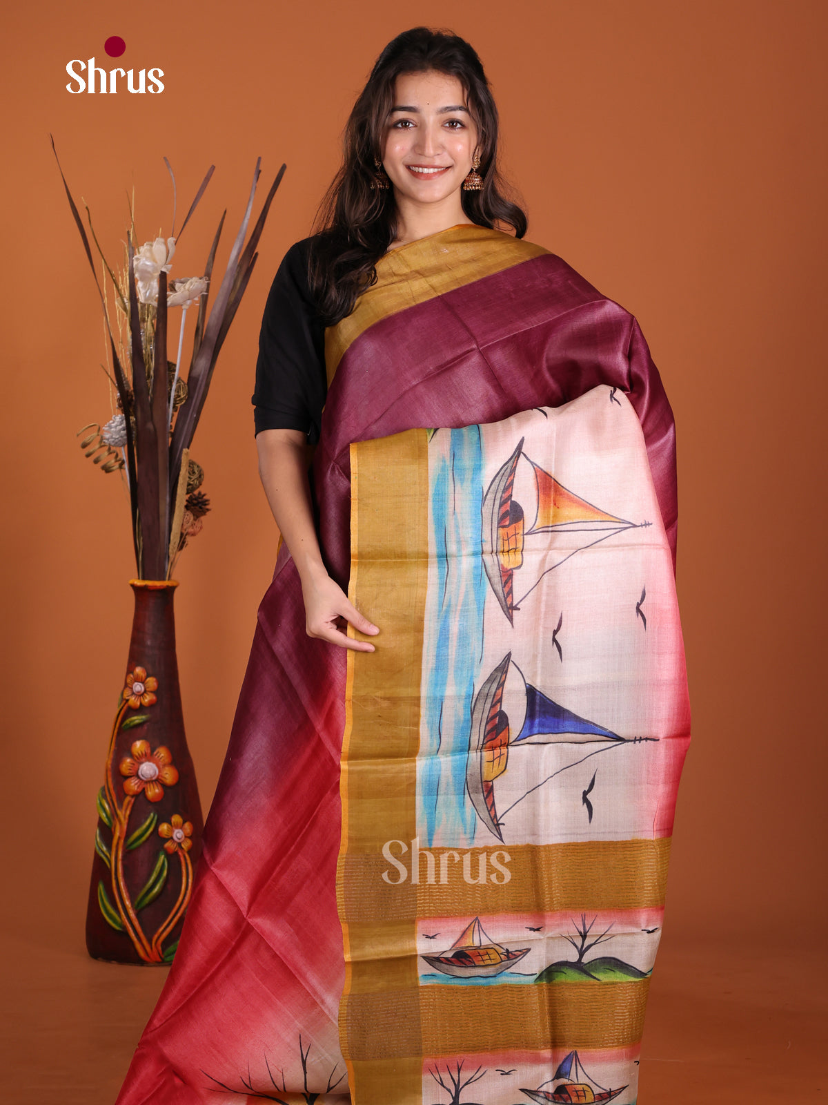 DKS15074 - Handpainted Tussar Saree - Shop on Shrus.com