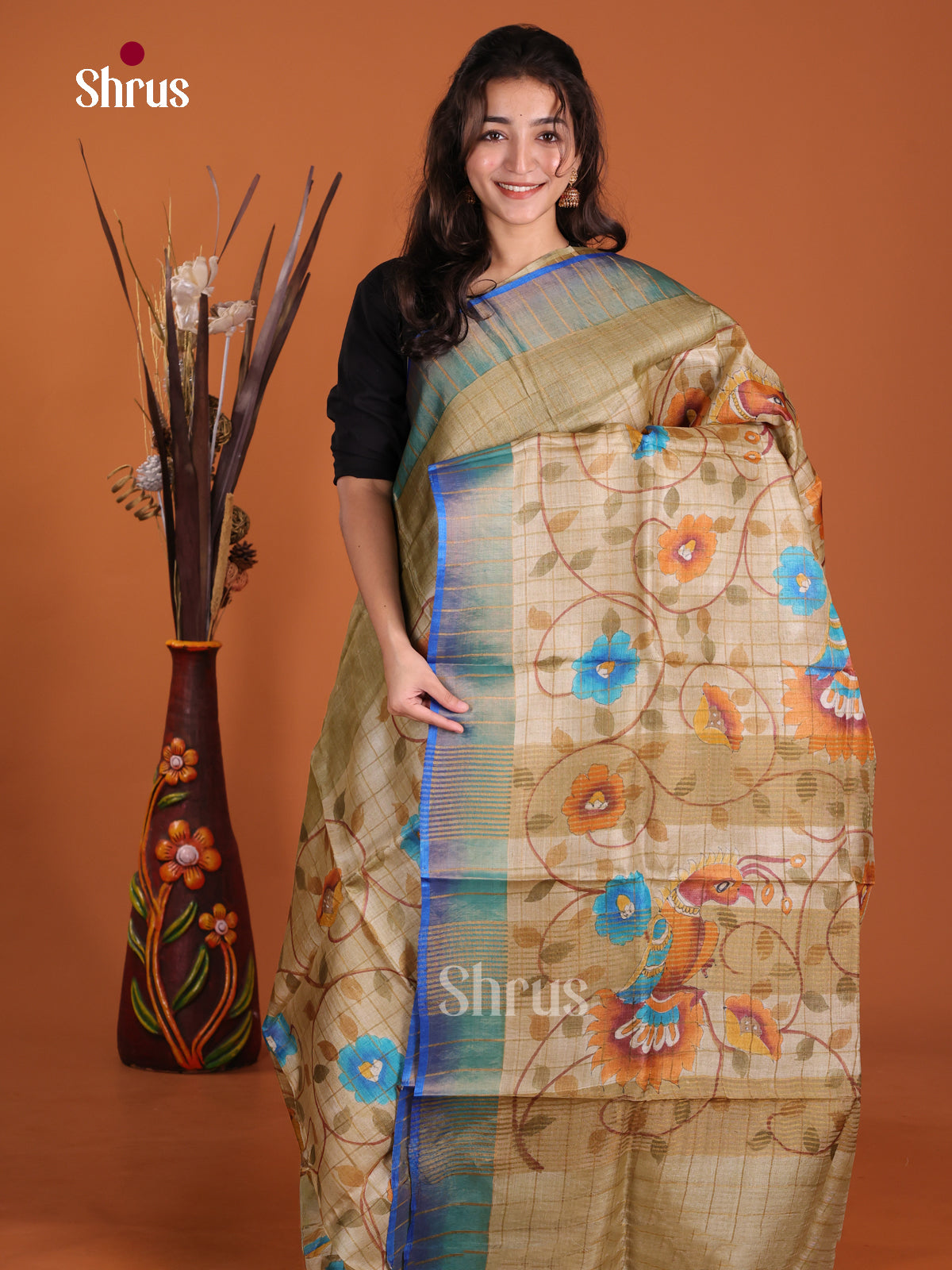 DKS15075 - Handpainted Tussar Saree - Shop on Shrus.com