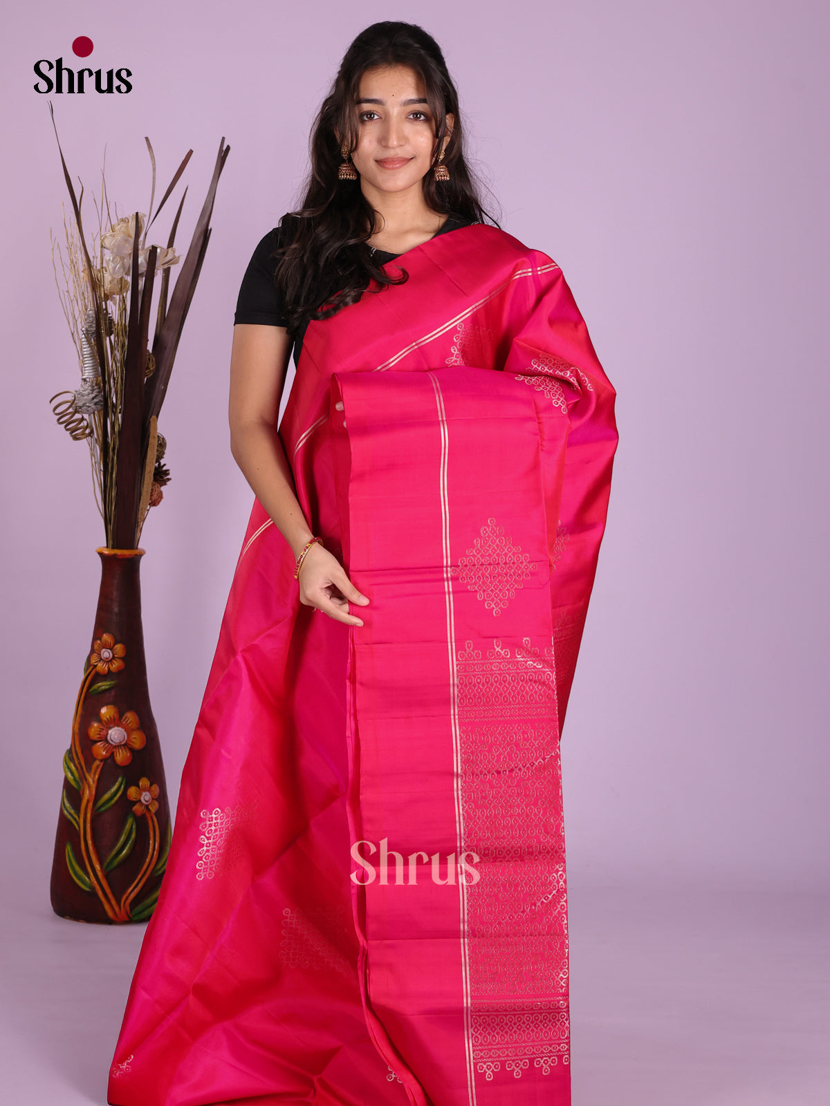 Charming Pink Soft Silk Saree with zari woven kolam motifs & Brocade Pallu