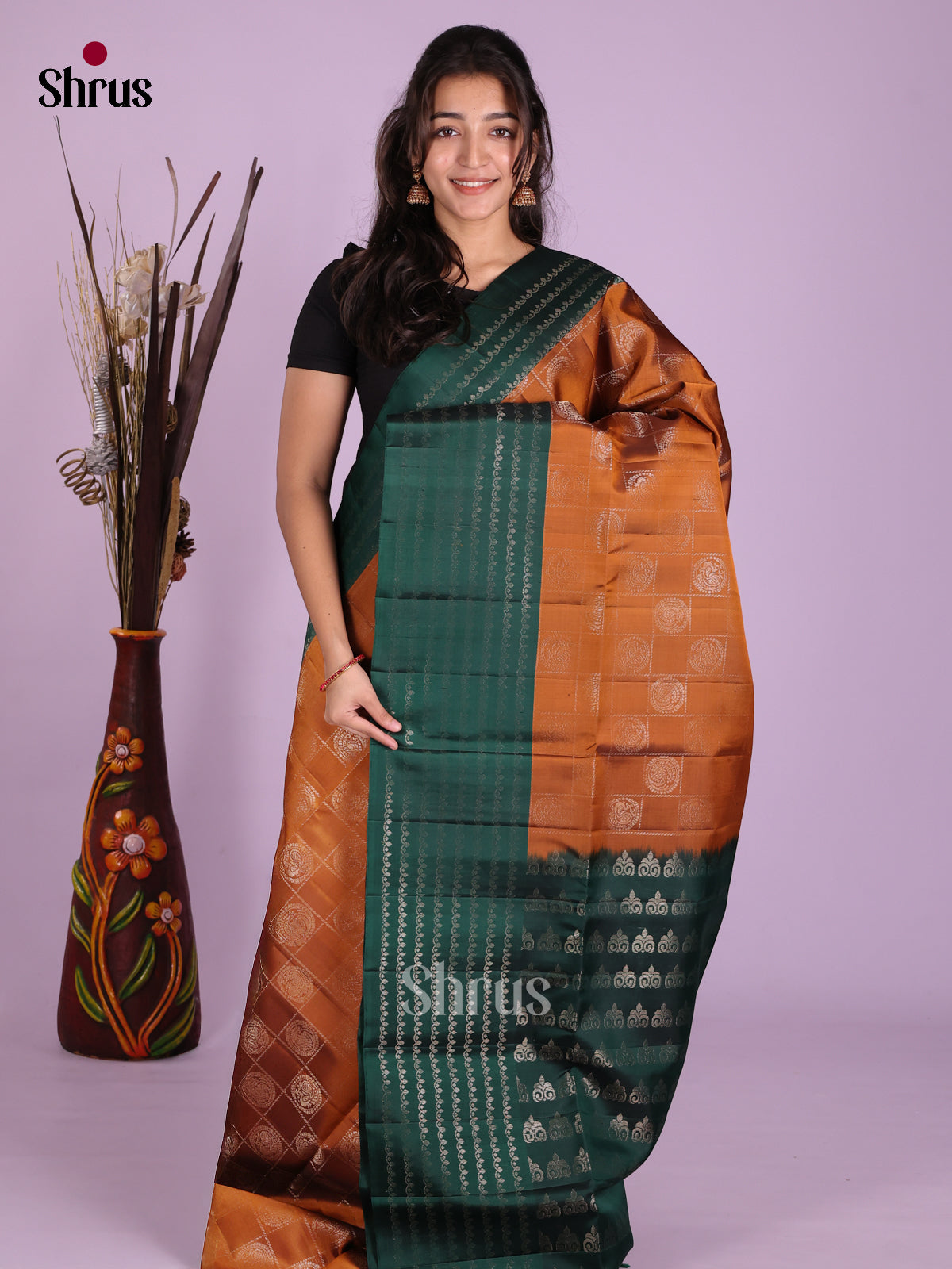 Luxurious Brick & Green Soft Silk Saree with zari checks, Buttas & Brocade Pallu