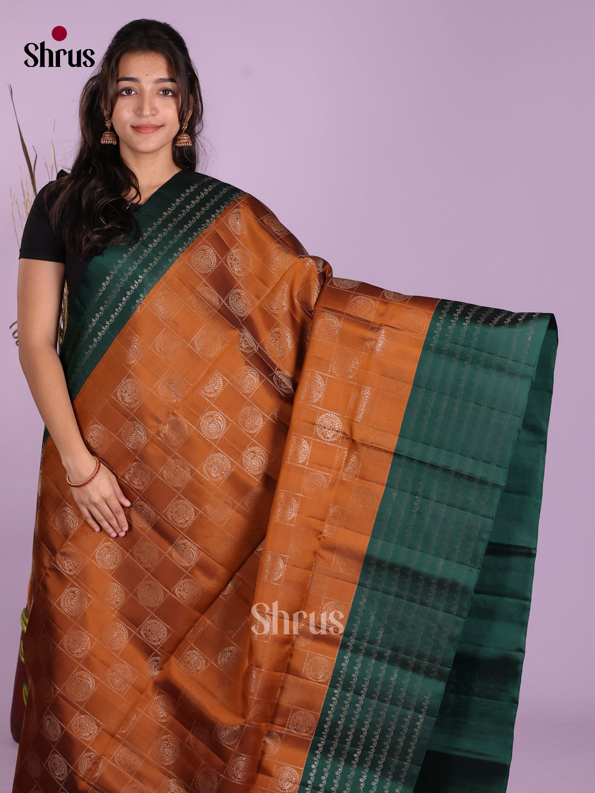 Luxurious Brick & Green Soft Silk Saree with zari checks, Buttas & Brocade Pallu