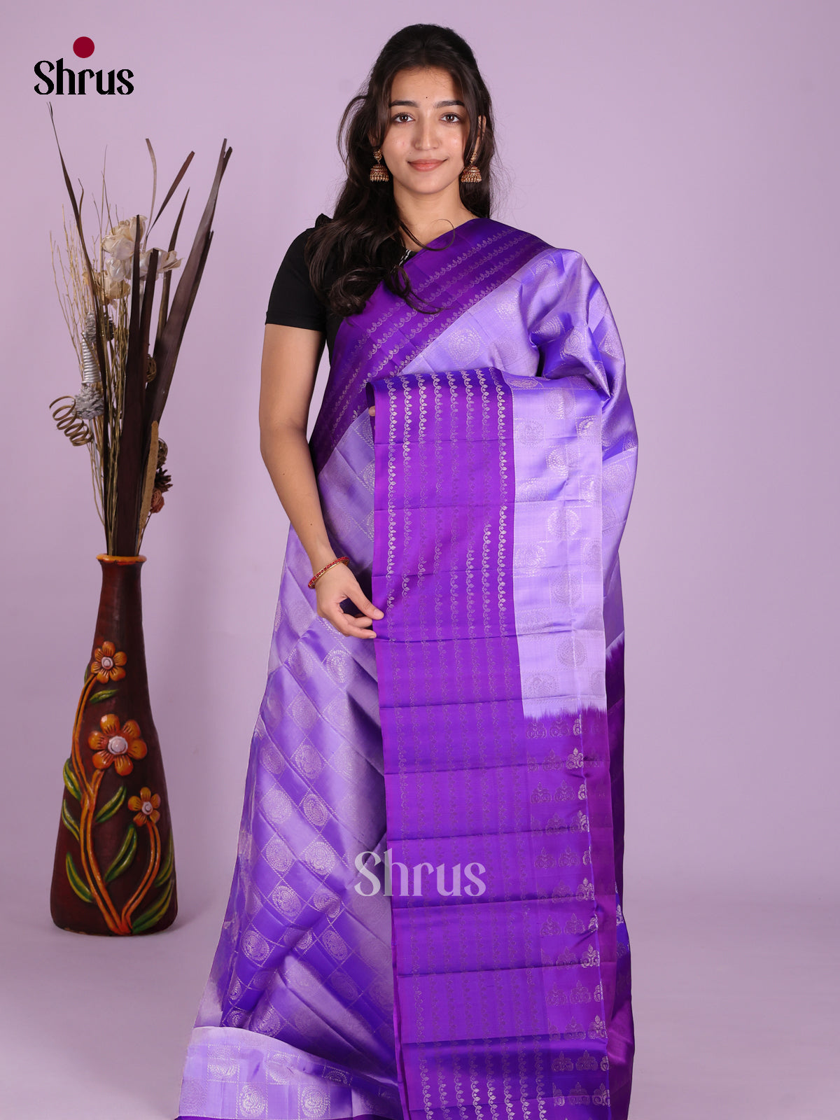 Gorgeous Lavender & Purple Soft Silk Saree with zari checks , Buttas & traditional pallu - Shop on Shrus.com