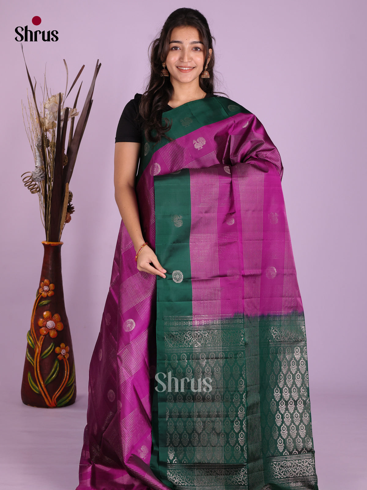 Charming Purple & Green Soft Silk Saree With Zari Stripes, Buttas & Green Brocade Pallu