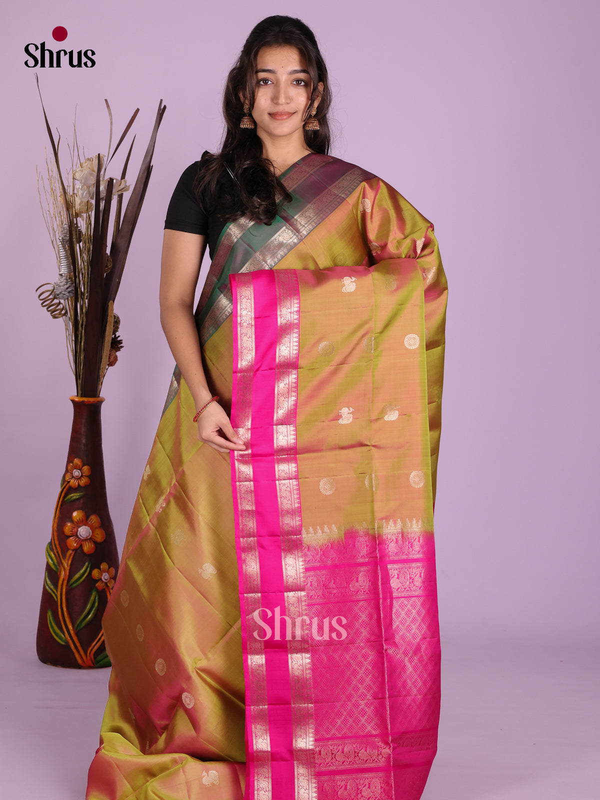 Double Shaded Green & Pink Soft Silk Saree with zari peacock buttas & Rettaipet border - Shop on Shrus.com