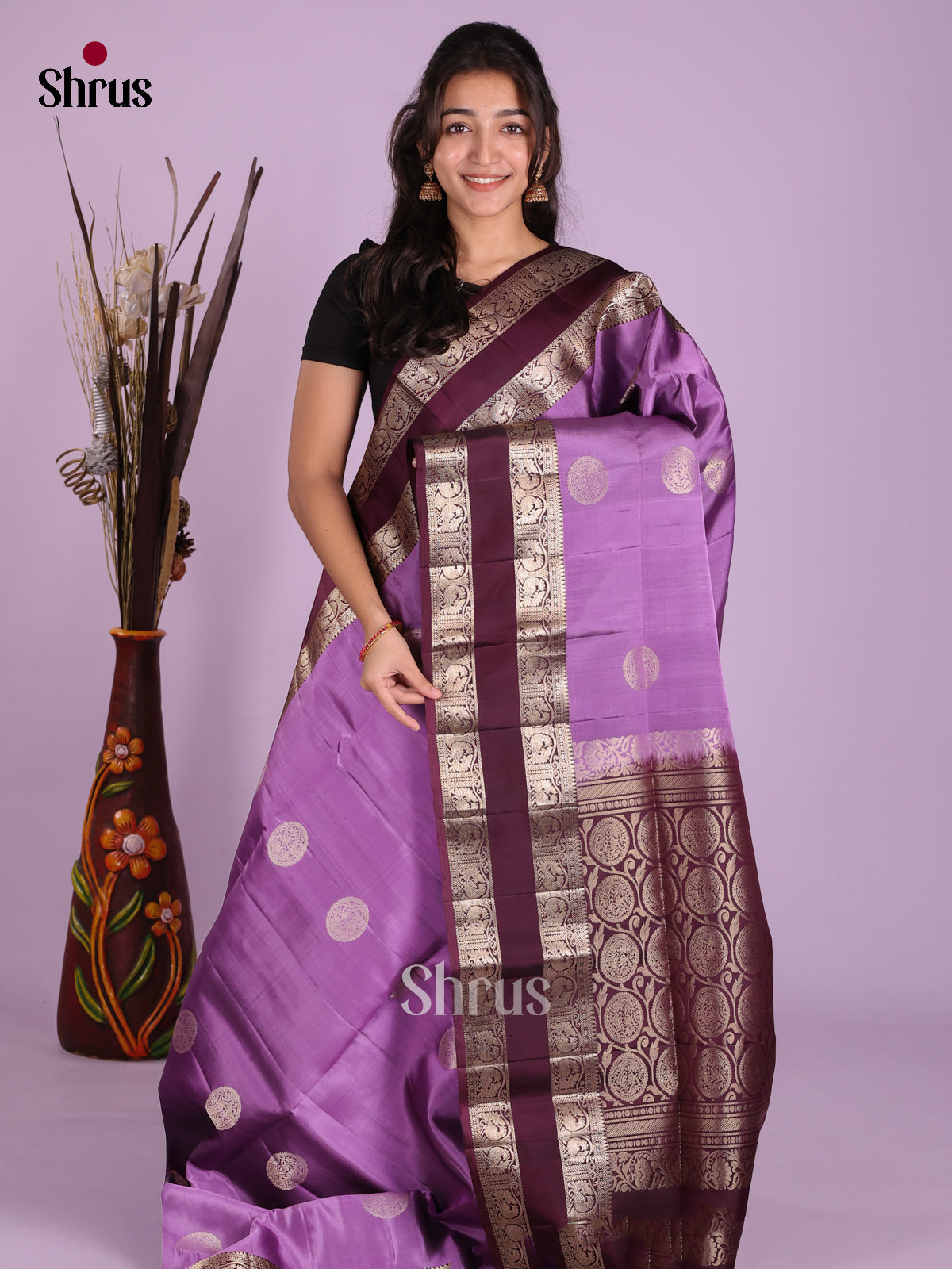 Beautifully Chic Lavender Soft Silk Saree with zari motifs & rettaipet zari border