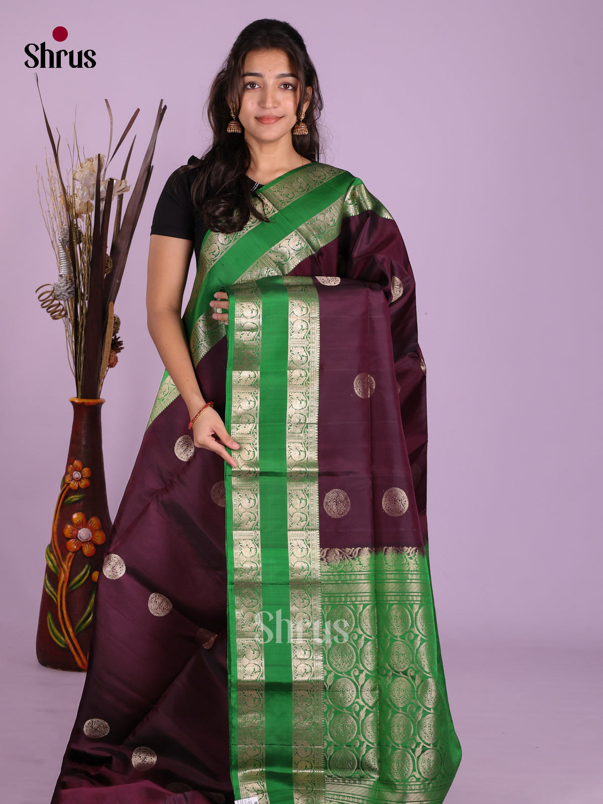 Classic Deep Purple Soft Silk Saree with Zari Motifs & Green Rettaipet Zari Border