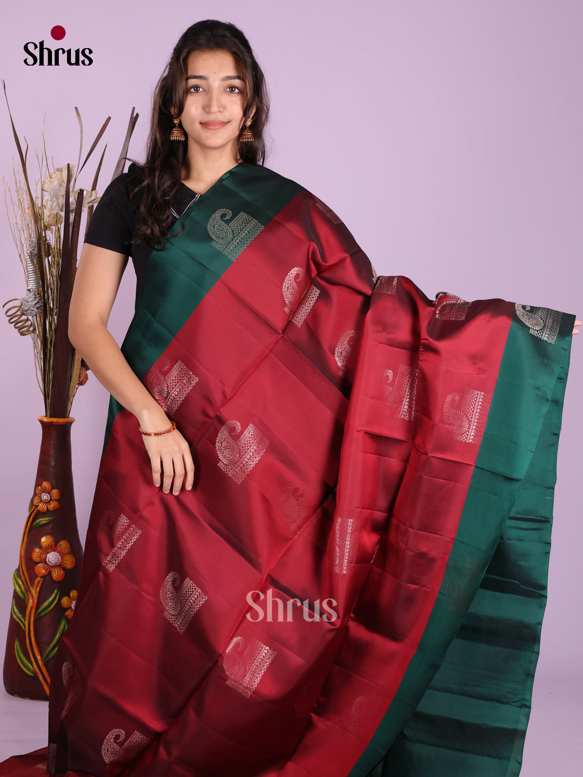 Maroon & Green - Softsilk-halfpure Saree