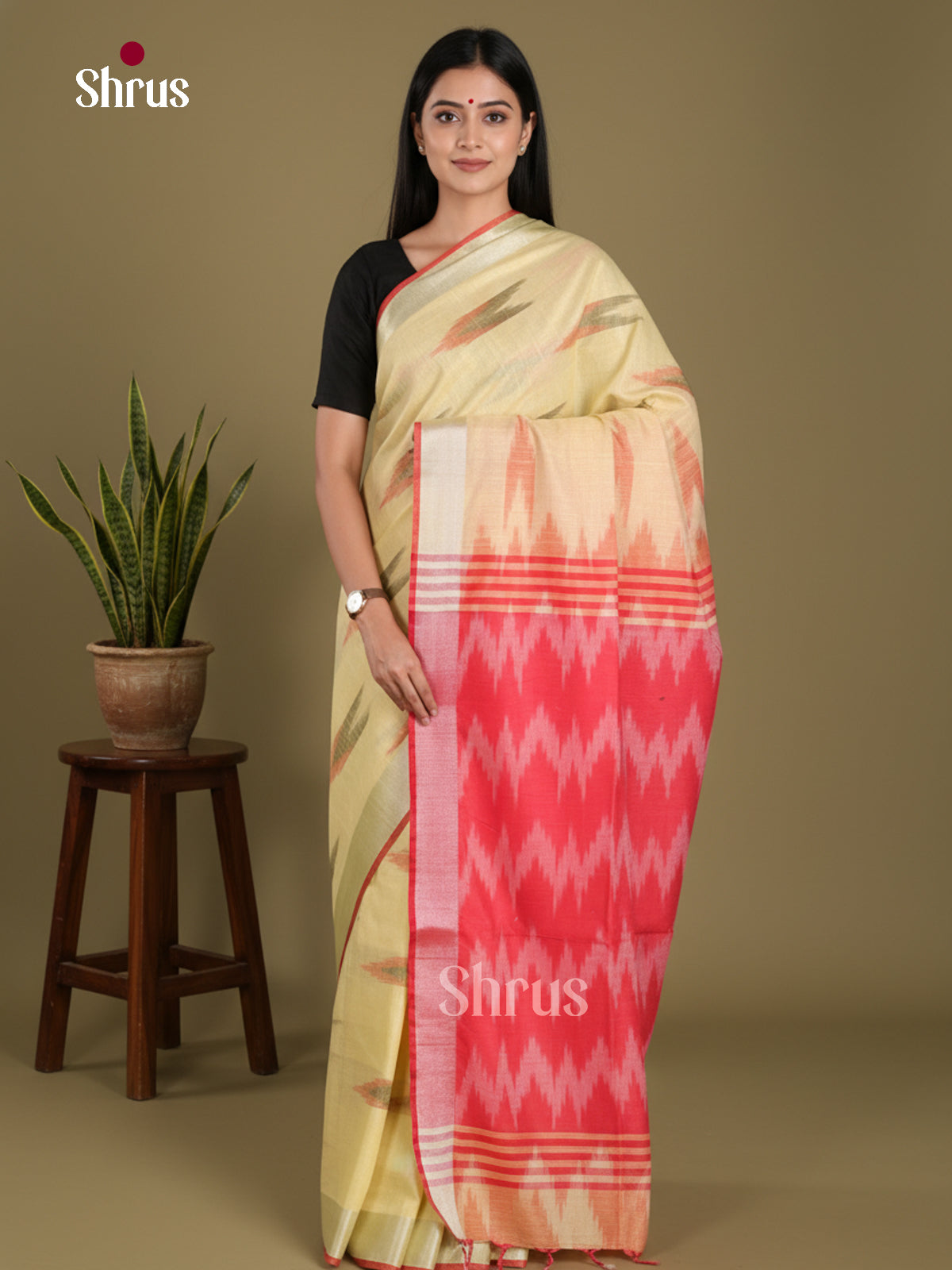 Light Yellow & Pink - Semi Ikkat Saree